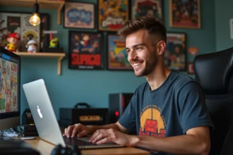 Jeune homme souriant avec figurines et consoles gaming