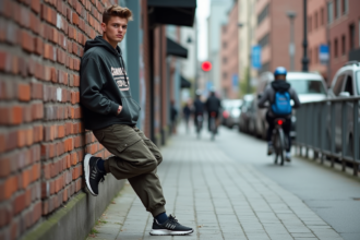 Jeune homme en cargo et hoodie dans la ville urbaine