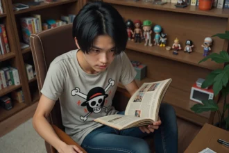 Jeune homme lisant manga One Piece dans une chambre cosy