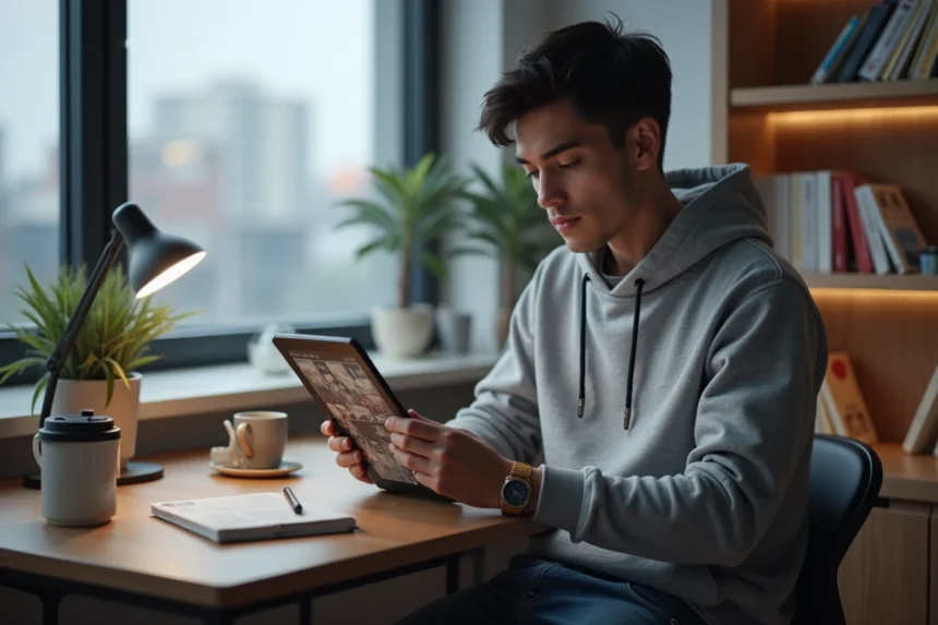 Jeune homme regardant un manga sur une tablette dans un appartement