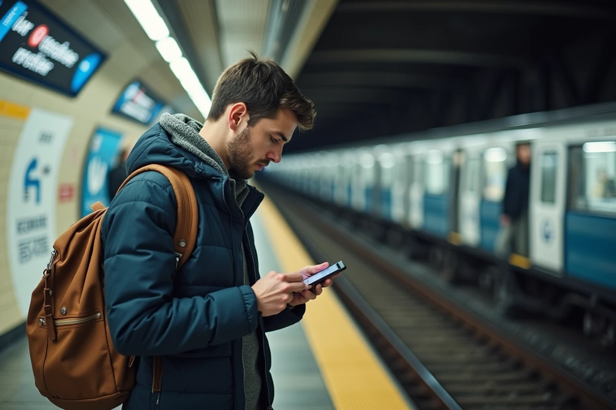 Jeune homme vérifiant un plan de métro dans station souterraine