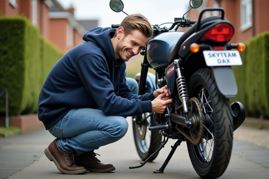 Jeune homme ajustant la chaîne d'une moto Skyteam Dax