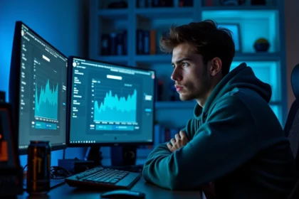 Joueur de League of Legends analysant ses statistiques de temps de jeu sur wated depuis son bureau gaming