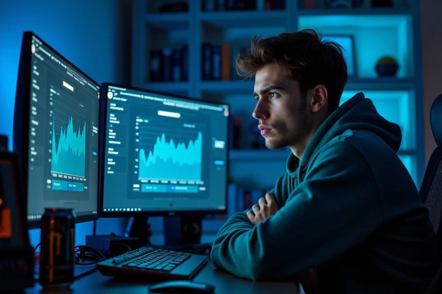 Joueur de League of Legends analysant ses statistiques de temps de jeu sur wated depuis son bureau gaming