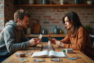 Deux joueurs adultes comparant des cartes de jeu de deck building à une table en bois, entourés de boîtes d'extensions et d'un livre de règles ouvert