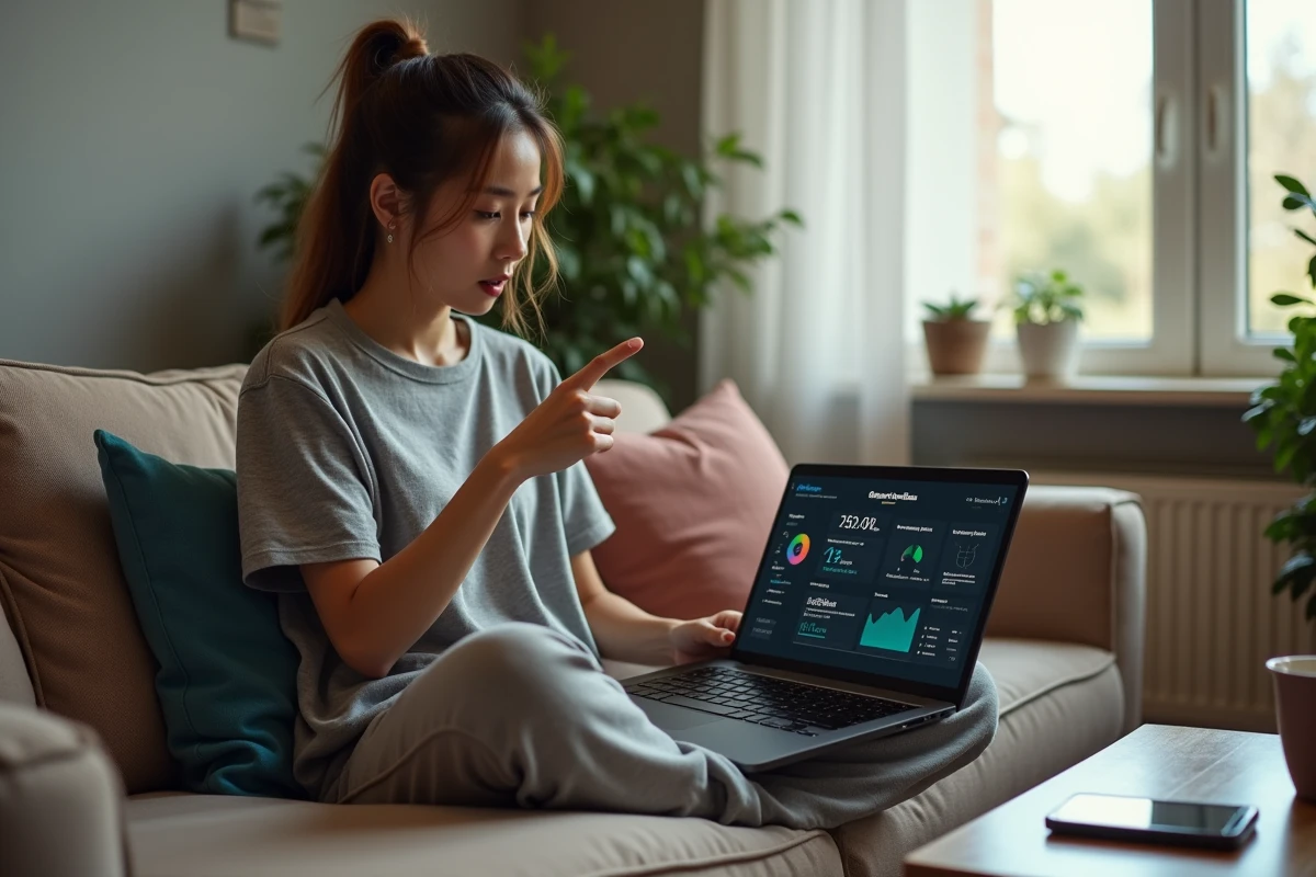 Joueuse de LoL consultant son historique de sessions sur wated depuis son canapé avec un laptop