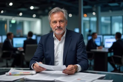 Journaliste français célèbre assis à un bureau de studio de presse, consultant ses notes avant une émission d'information télévisée