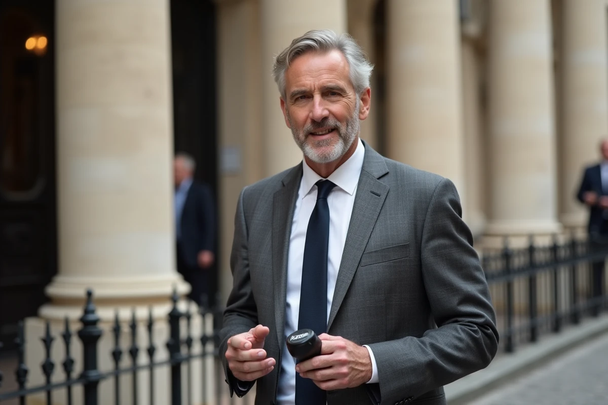 Journaliste politique français reconnu interviewant une personnalité devant un bâtiment officiel parisien
