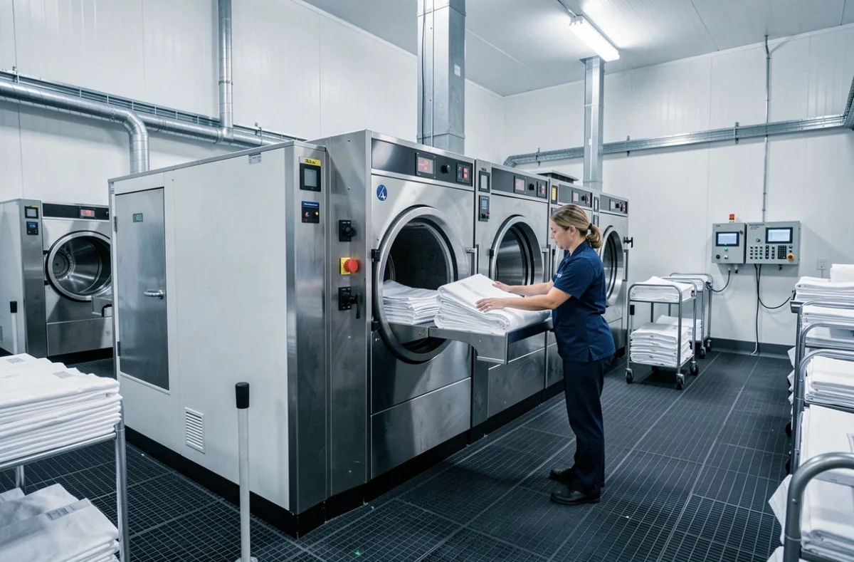 Opératrice d'une blanchisserie professionnelle chargeant du linge commercial dans une machine industrielle dans un local spacieux