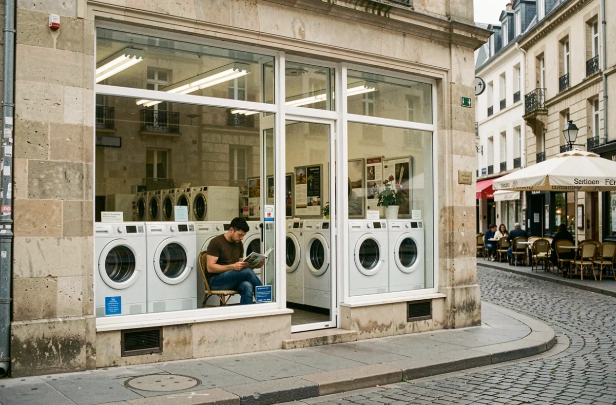 Client attendant dans une laverie du centre-ville française visible depuis la rue avec des machines modernes en arrière-plan