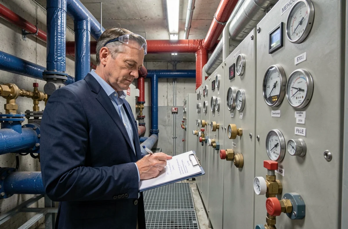 Consultant de Landru Énergie inspectant un système de chauffage industriel dans une chaufferie commerciale