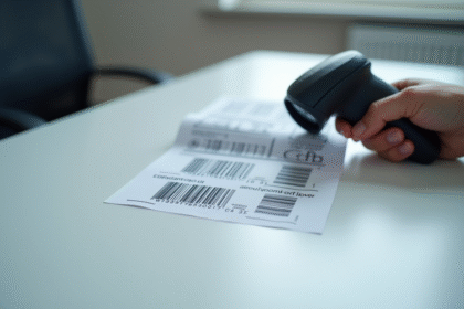 Lecture de code barre avec scanner sur bureau lumineux