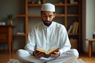 Homme musulman lisant le Coran sur un tapis de prière pendant le Ramadan
