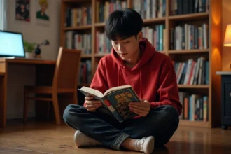 Jeune homme lisant un volume de manga One Piece dans une chambre entourée de livres et de posters