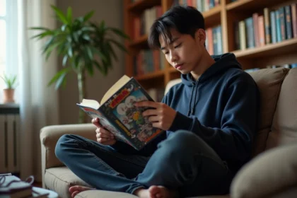 Jeune homme lisant un manga One Piece dans son salon, assis sur un canapé entouré de volumes manga
