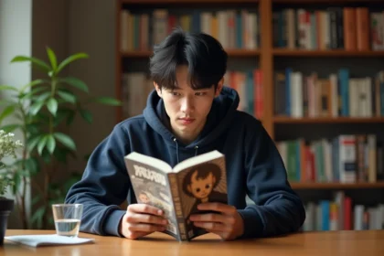 Jeune homme lisant un manga assis à son bureau entouré de livres, illustrant la lecture légale de Solo Leveling en version française