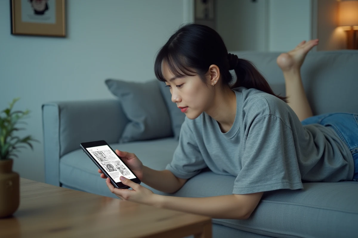 Jeune femme lisant un manga sur tablette dans son salon, représentant la lecture numérique légale de Solo Leveling en VF sur une plateforme officielle