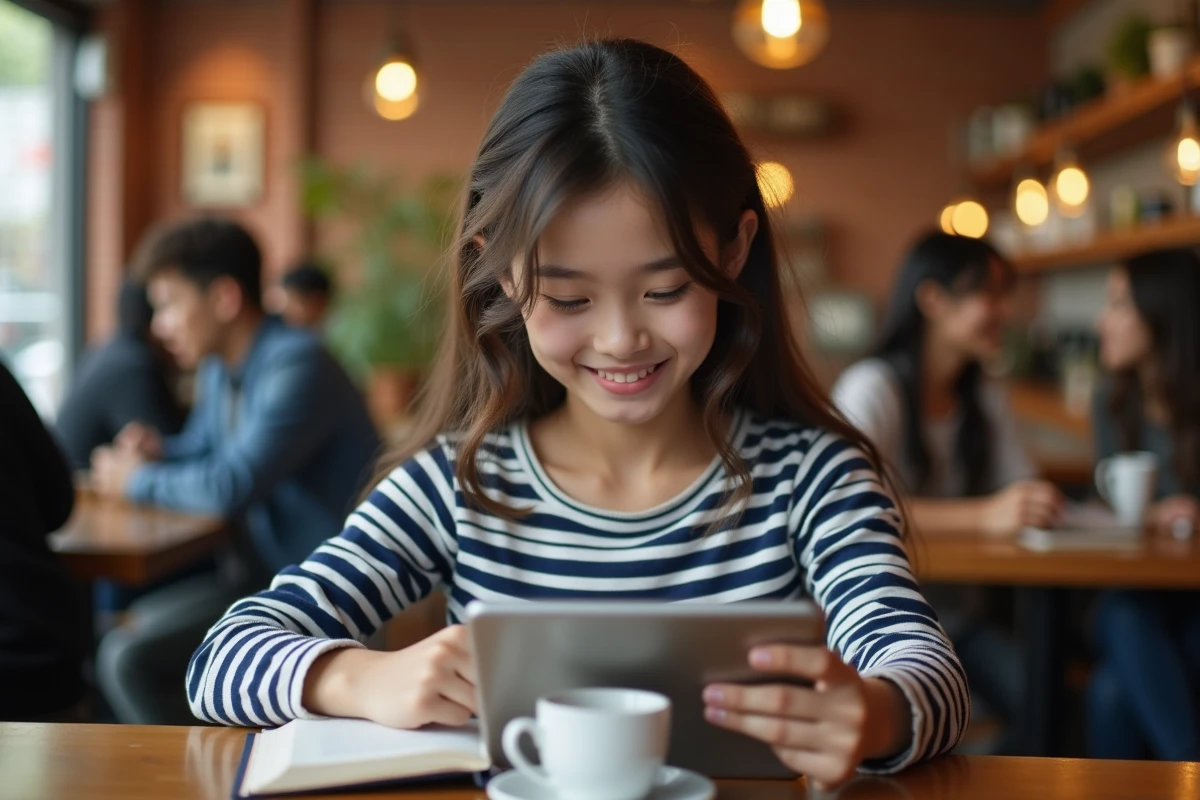 Adolescente lisant One Piece en ligne sur une tablette dans un café urbain