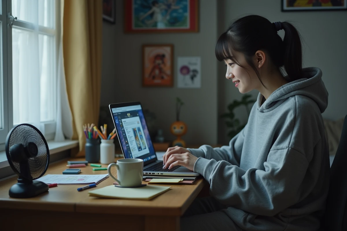 Jeune femme lisant le scan One Piece en ligne sur son ordinateur portable dans sa chambre d'étudiante