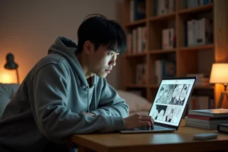 Jeune homme frustré lisant un scan One Piece vostfr qui rame sur son ordinateur portable dans une chambre manga