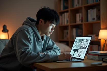 Jeune homme frustré lisant un scan One Piece vostfr qui rame sur son ordinateur portable dans une chambre manga