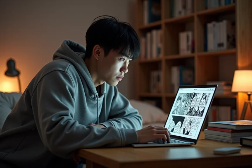 Jeune homme frustré lisant un scan One Piece vostfr qui rame sur son ordinateur portable dans une chambre manga