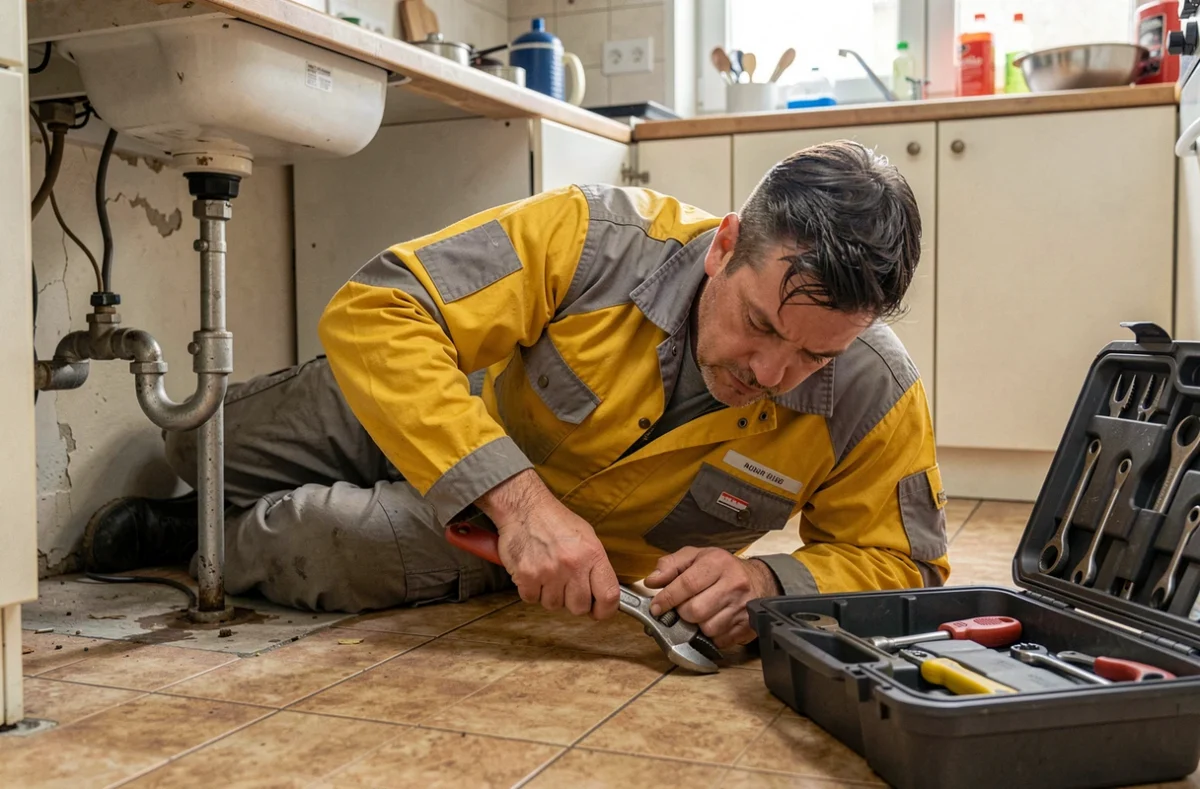 Technicien des Bons Tuyaux réparant une canalisation sous un évier dans un appartement du Pas-de-Calais