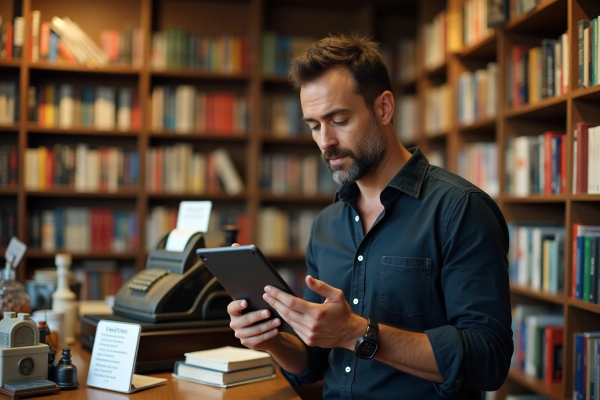 Libraire indépendant consultant une application de tarification sur tablette entouré de livres brochés en rayon