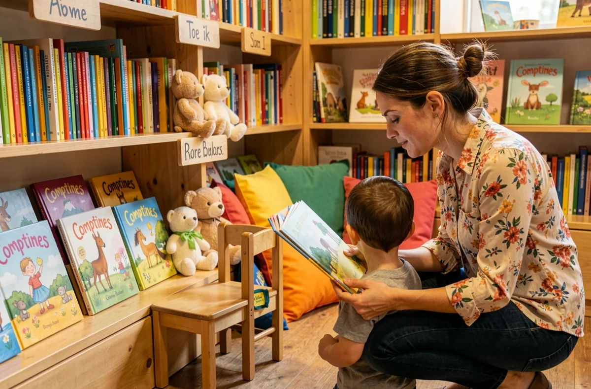 Intérieur coloré de la librairie jeunesse Comptines à Bordeaux avec des albums illustrés sur des étagères basses et un coin lecture pour les enfants