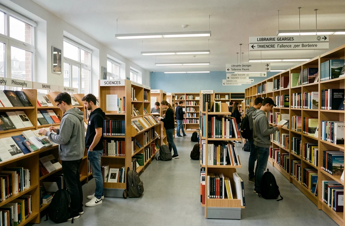 Intérieur de la librairie Georges à Talence, pôle universitaire avec des rayons d'ouvrages académiques et des étudiants consultant des livres