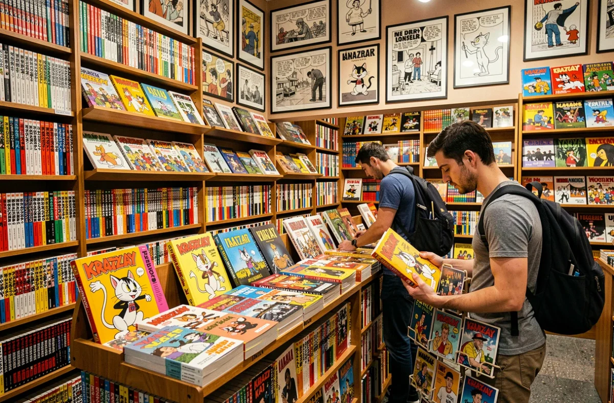 Rayons de la librairie Krazy Kat à Bordeaux spécialisée en bande dessinée et roman graphique, avec des albums face aux murs et des planches originales encadrées