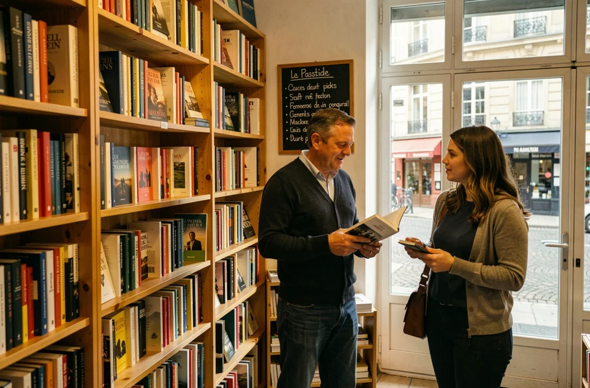 Intérieur de la librairie Le Passeur à La Bastide, Bordeaux, avec ses rayons de livres soigneusement sélectionnés et un libraire en discussion avec une cliente