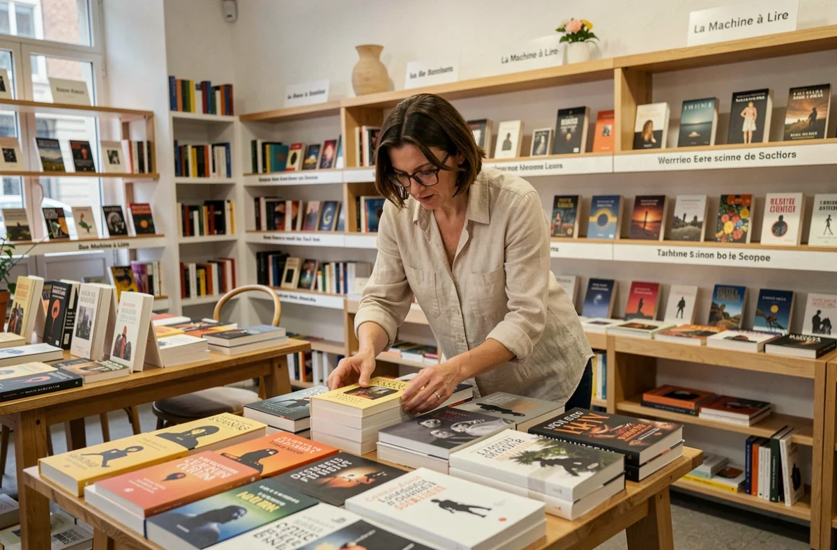 Intérieur soigné de la librairie La Machine à Lire à Bordeaux avec une sélection littéraire mise en valeur sur des tables et une libraire arrangeant des ouvrages