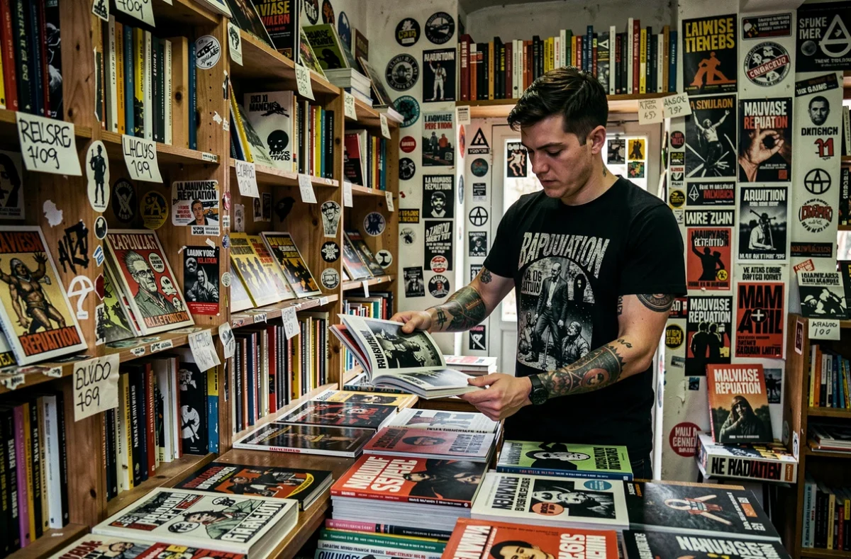 Intérieur de La Mauvaise Réputation à Bordeaux, librairie underground avec fanzines, presse alternative et affiches punk sur les murs