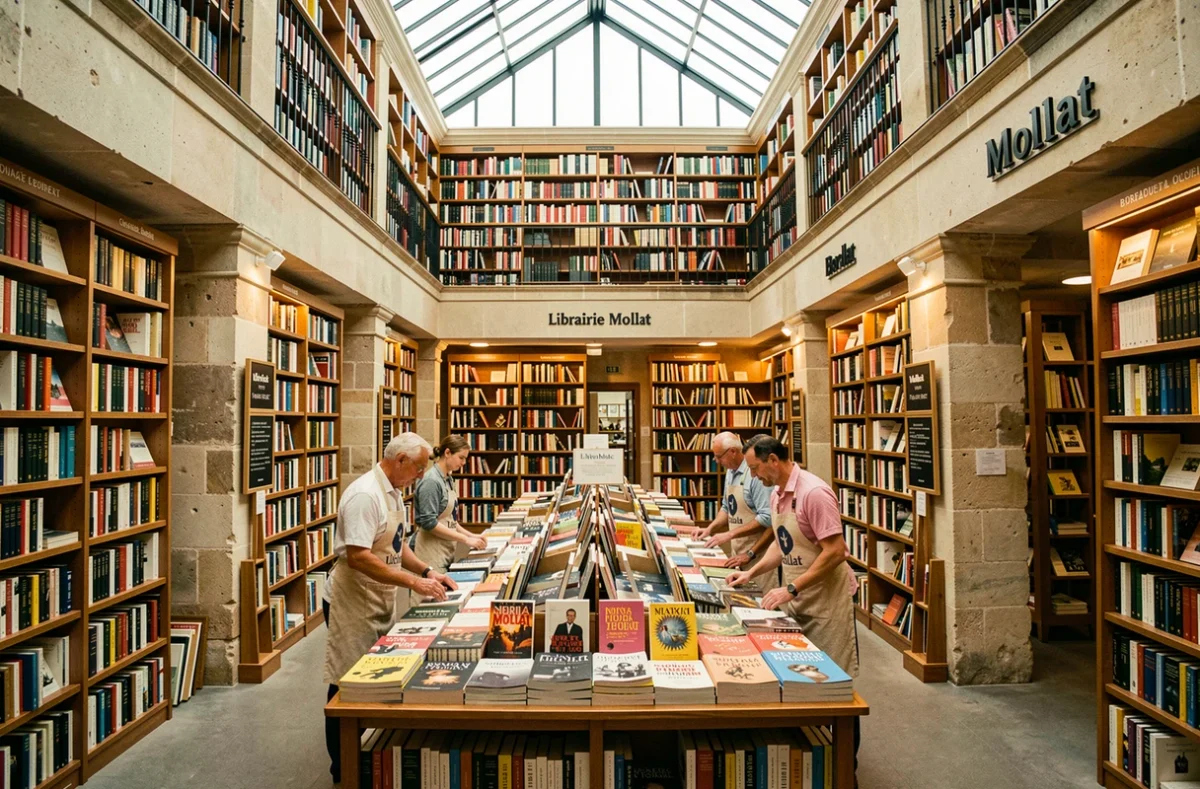 Grande salle de la librairie Mollat à Bordeaux, la plus grande librairie indépendante de France, avec ses rayons immenses et ses conseillers libraires
