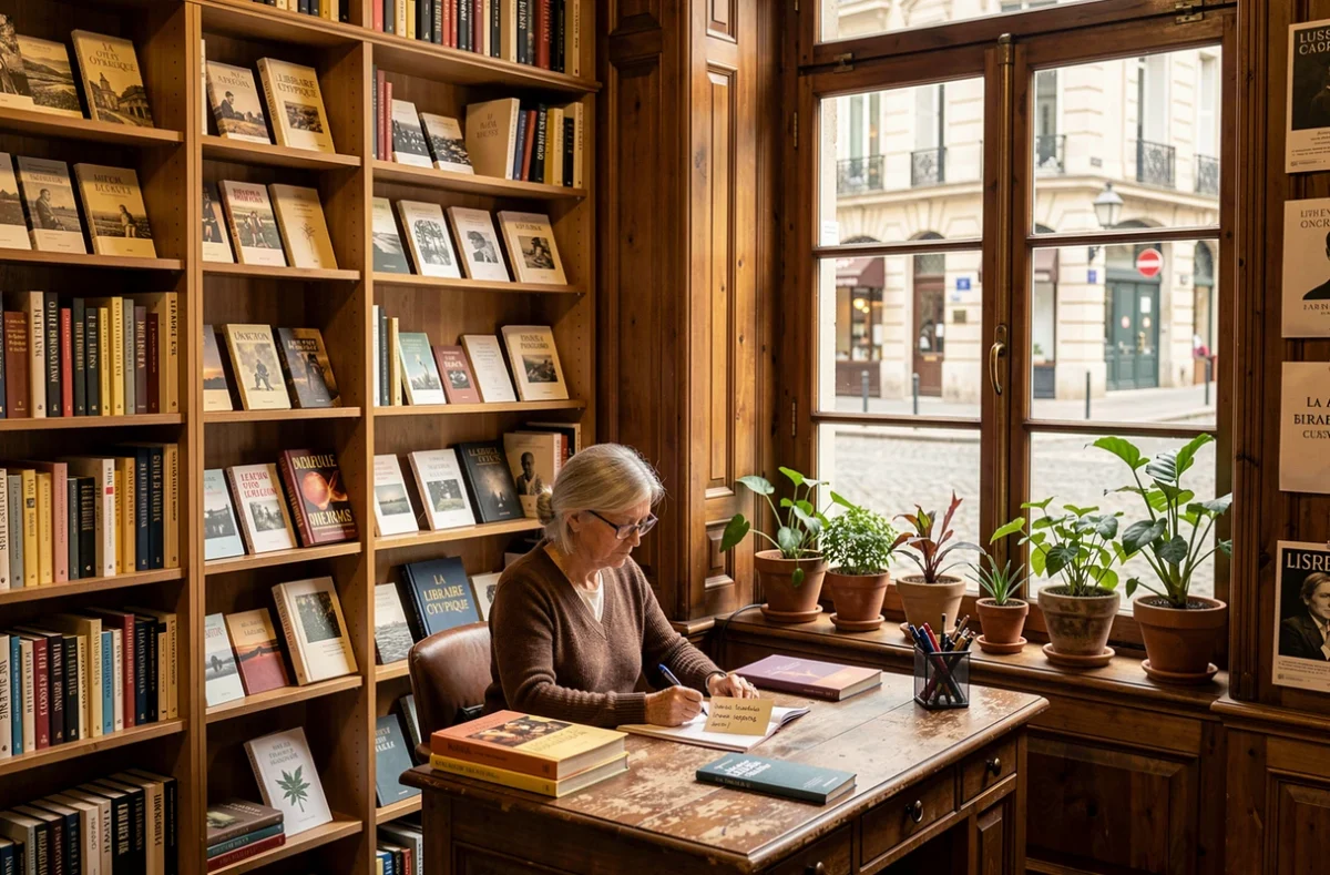 Intérieur de La Librairie Olympique dans le quartier des Chartrons à Bordeaux, spécialisée en poésie avec de petits éditeurs et une libraire rédigeant des coups de cœur