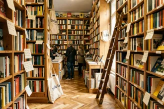 Intérieur d'une librairie indépendante en Gironde avec de grandes étagères en bois remplies de livres colorés et des clients qui flânent