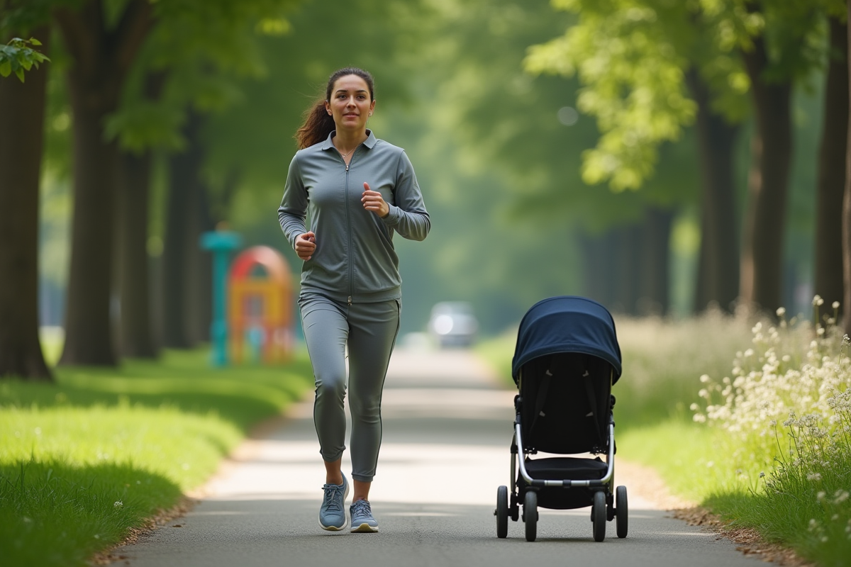 Maman en course dans un parc avec poussette et nature