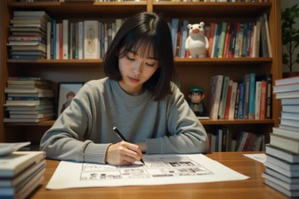 Jeune mangaka japonaise dessinant des planches de manga à son bureau entouré de volumes et figurines anime