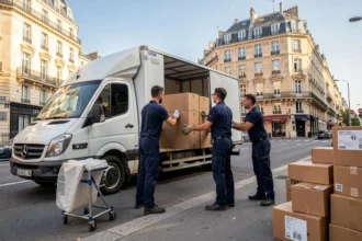 Équipe de déménageurs professionnels chargeant des cartons dans un camion dans une rue française