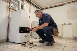 Chauffagiste professionnel inspectant une chaudière moderne dans une chaufferie résidentielle du Pas-de-Calais