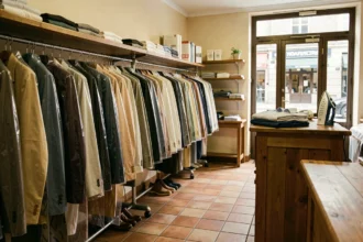Intérieur d'un pressing professionnel en Nouvelle-Aquitaine avec des vêtements suspendus sous housses plastiques et un comptoir en bois