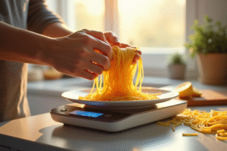Mains pesant des spaghetti sur une balance moderne