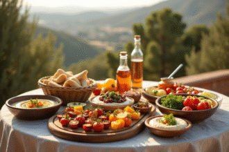 Assiette de mezze libanais sur une terrasse en plein air