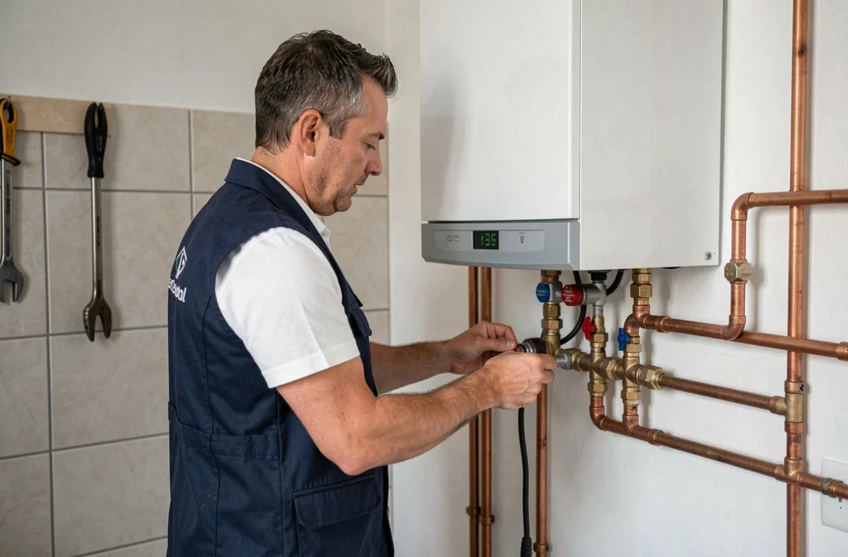 Technicien Montlouis Chauffage Services installant une chaudière et raccordant des tuyauteries dans une maison à Montlouis-sur-Loire