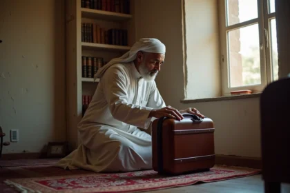 Musulman en tenue traditionnelle ferme sa valise près d'un tapis de prière dans un salon