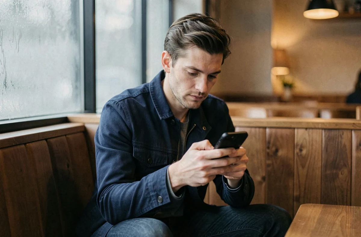Homme consultant son smartphone de manière discrète dans un café pour naviguer en toute sécurité