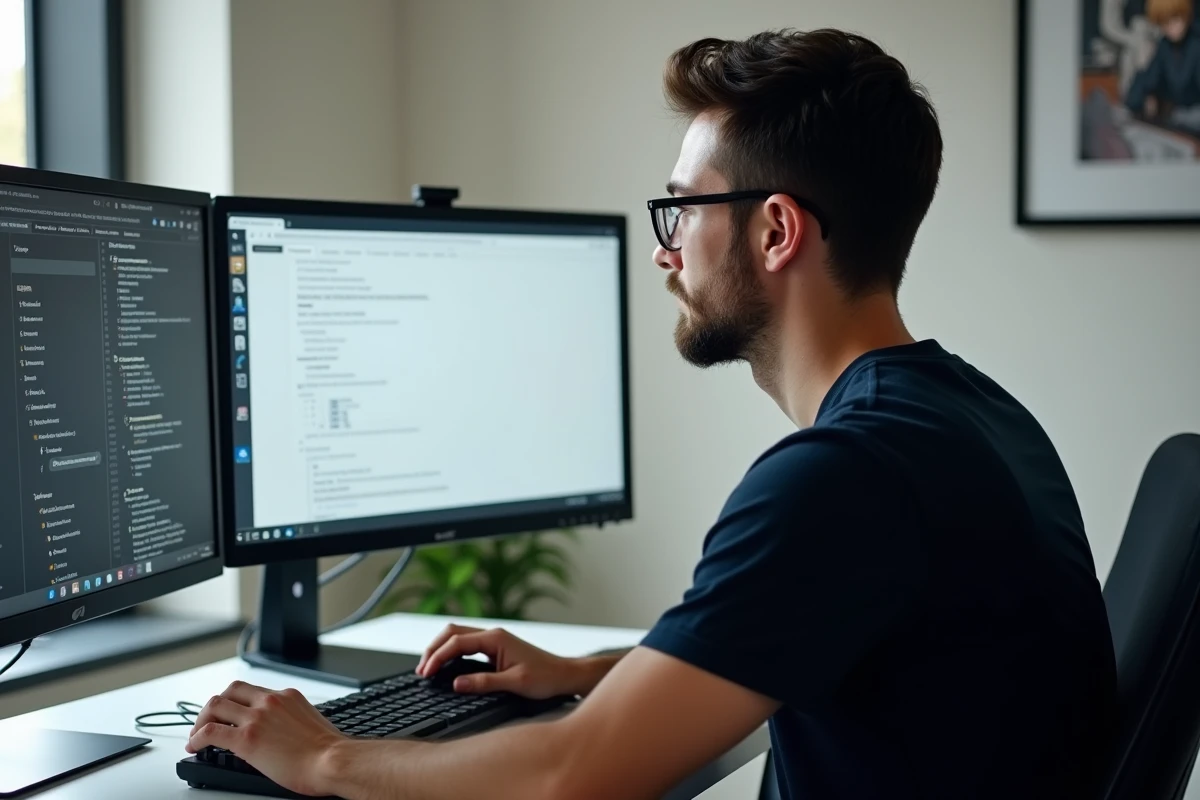 Homme optimisant les paramètres de son navigateur pour améliorer la lecture de scans manga vostfr sur ordinateur de bureau