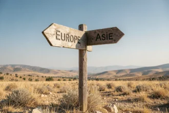 Panneau indicateur en bois à un carrefour symbolisant la frontière entre l'Europe et l'Asie en Turquie, paysage anatolien aride en arrière-plan