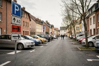 Parking municipal bien signalisé à l'entrée de Saralbe avec panneaux directionnels et voitures garées